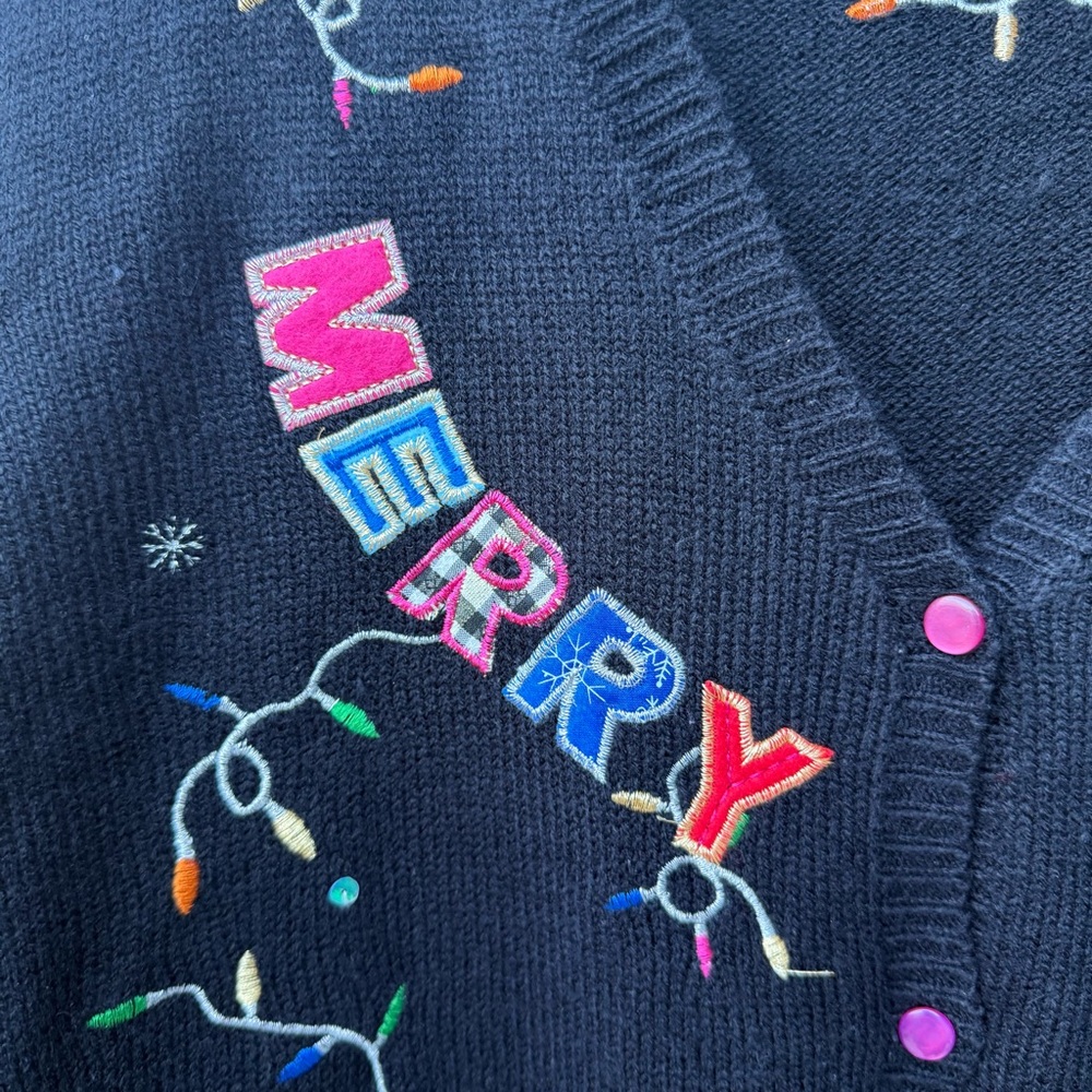 Christmas Sweater Vest XXL Black Colorful Bright Embroidered Merry Christmas - Picture 3 of 7